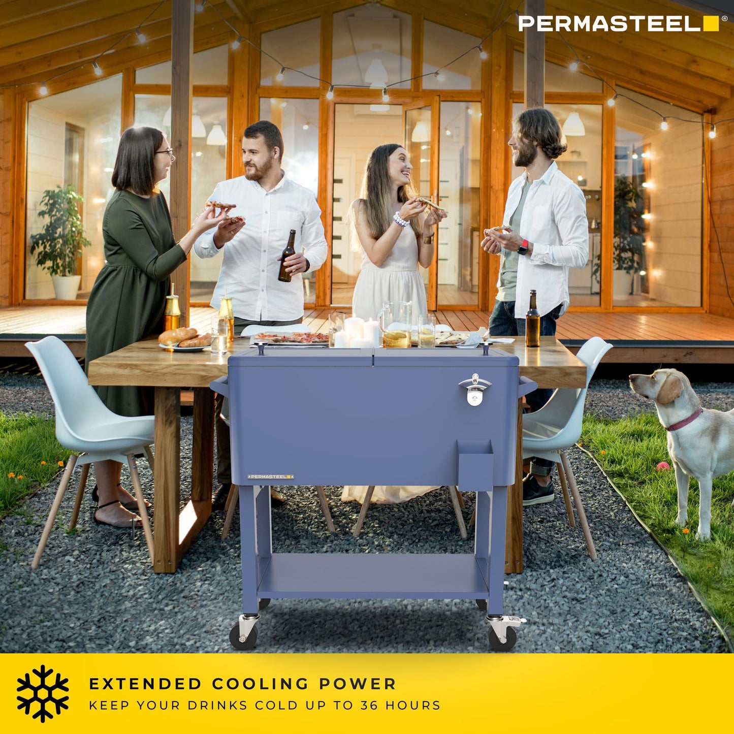 Permasteel Party Cooler with Divider, Removable Basin, Spacious 80-Qt Capacity, Chills 36hrs, Serving Tray, Rolling Ice Chest for Indoor & Outdoor, Matte Blue