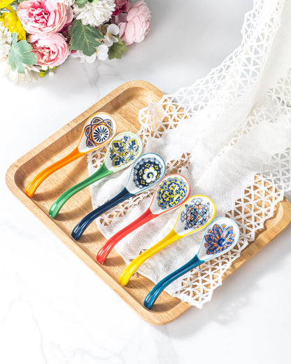 Asian Soup Spoon Set of 6 – Boho Ceramic Ramen Spoon with Long Handle, Deep Soup Spoons for Japanese Ramen, Pho, Dumplings, Miso, Wonton – Dishwasher Safe