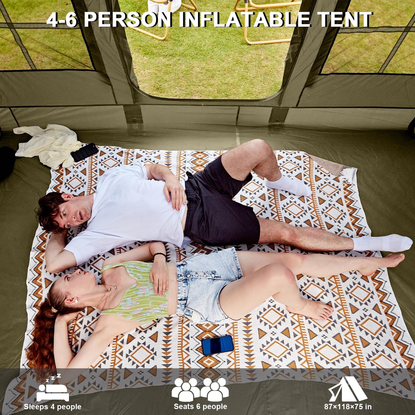 Inflatable Tents for Camping, 4-6 Person Easy Blow Up Tent with Hand Pump,4 Seasons Waterproof Air Inflatable Camping Tent House for Family Weekend Camping，Green