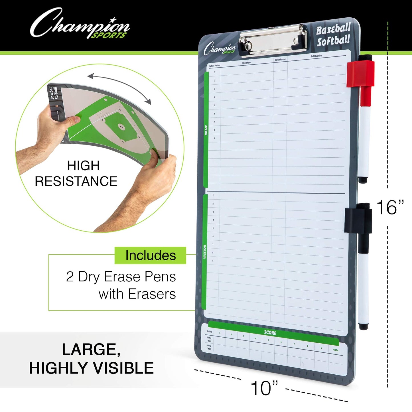 Champion Sports Dry Erase Clipboard for Coaching Baseball - Whiteboards for Strategizing, Techniques, Plays - 2-Sided Clipboards with Clip - Front Side Full Feild - Backside 2-Team Lineup (BSBOARD)
