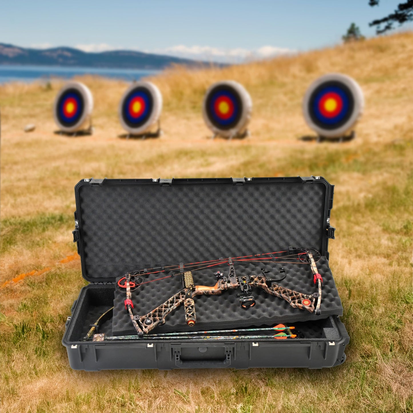 SKB Cases iSeries Portable Double Rifle Large Case, Parallel Limb Bow Carrying Chest Hard Plastic Exterior Heavy Duty Case with Wheels, Black