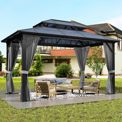 Hardtop Gazebo 10'x12' Double-Layer Polycarbonate Double Roof, Aluminum Frame Pavilion with Privacy Curtains and Netting All-Season for Patio, Garden, Hot Tub & Backyard