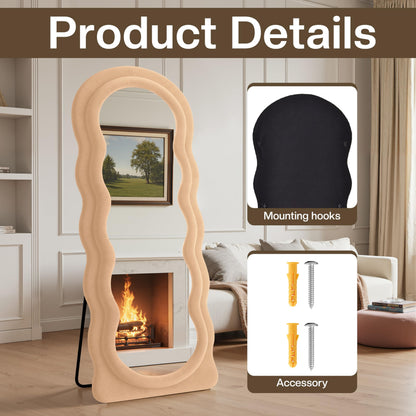 Anpark Full Length Mirror 71"x30" Irregular Wavy Full Body Wall Mounted Floor Mirror with Stand Milk Tea Flannel Frame Leaning Hanging Wall for Bedroom Entrance Hallway
