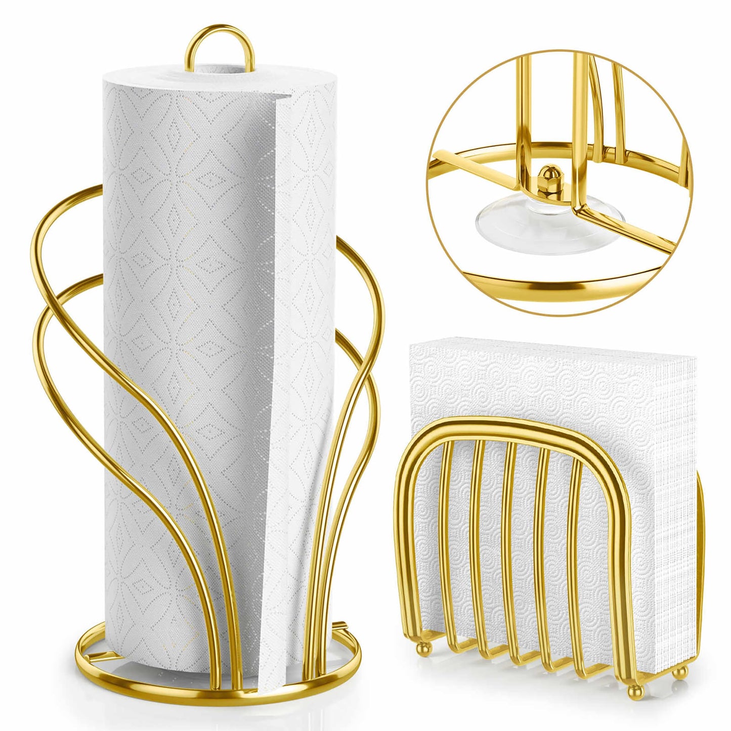 Paper Towel Holder Countertop, Stainless Steel Paper Towel Roll Holder and Paper Napkinholder Set, Standing Paper Towel Roll Holder Stand with Weighted Base Suction Cups (Gold)