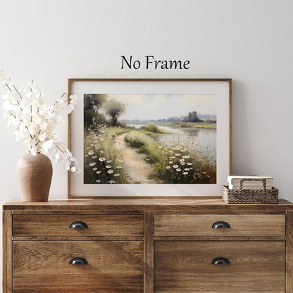 Wildflower Field Landscape Picture, Vintage Canvas River Painting, Country Scene Artwork, 16x24inch No Frame