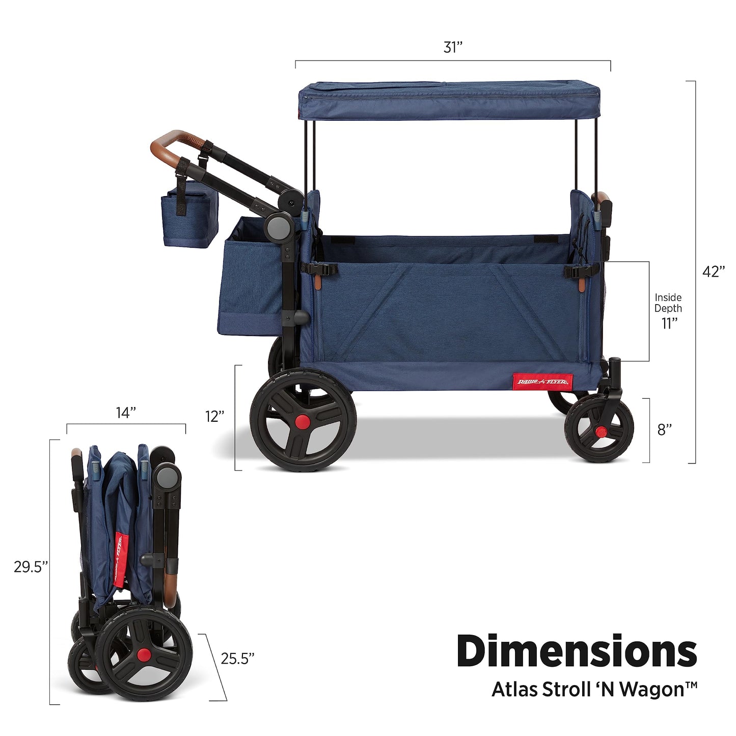 Radio Flyer Atlas Stroll 'N Wagon, Navy Blue, For Ages 1+, 3-in-1 Push or Pull Versatility, One-Hand Fold, UV Canopy, 5-Point Harnesses, Storage Capabilities, Rubber Wheels, Stroller Wagon for Kids
