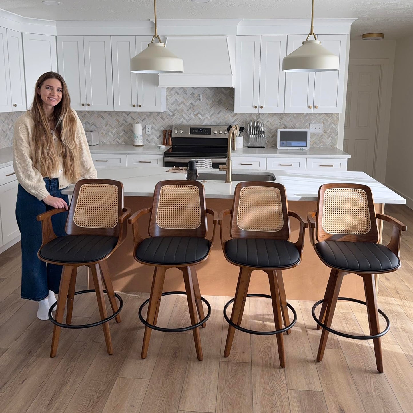 WUPOTO Bar Stools Set of 2, 29.7" Bar Height 360° Swivel Stools with Ergonomic Rattan Back, Faux Leather Seat, Bamboo Legs with Walnut Finish, Mid-Century Style (Green)
