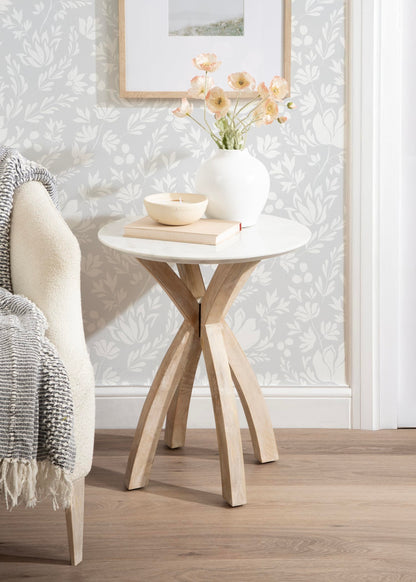 Kate and Laurel Soleyn Coastal Wood and Authentic Marble Side Table, 20 x 20 x 24, White Marble and Light Natural, Round Marble End Table for Use as Bedroom Nightstand or Living Room Accent