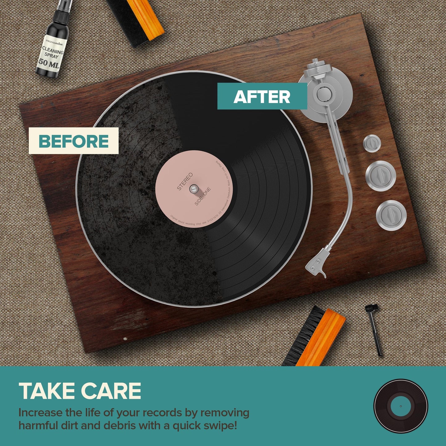 Stock Your Home Vinyl Record Cleaning Kit – 6-Piece Set with Vinyl Cleaner Spray, Anti-Static Velvet Brush, Needle Cleaning Gel & Brush, Drawstring Duster Bag
