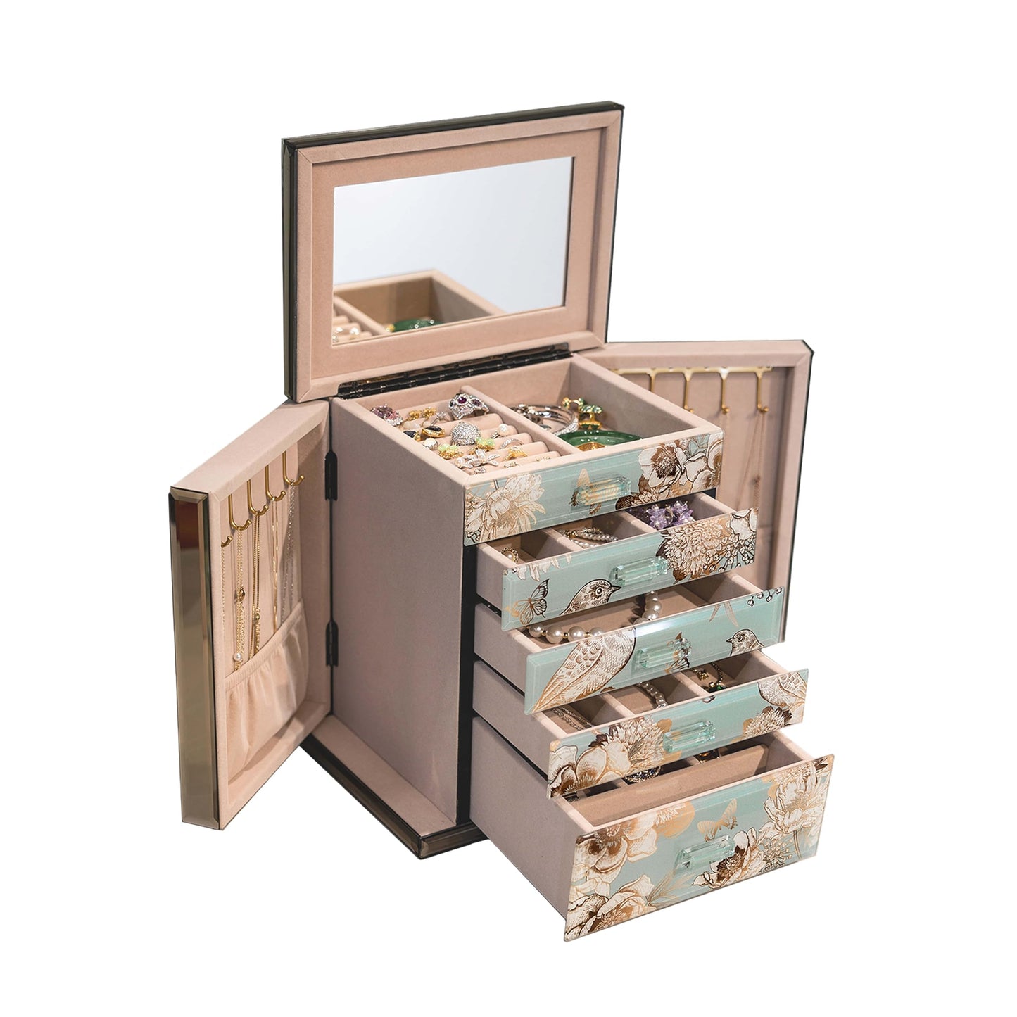 Homruilink High End Glass Jewelry Box, 5 Layer Jewelry Organizer for Women, Side Doors & Mirror, Velvet-Lined Storage for Rings & Necklaces, Ideal Gift (Bird & Floral)