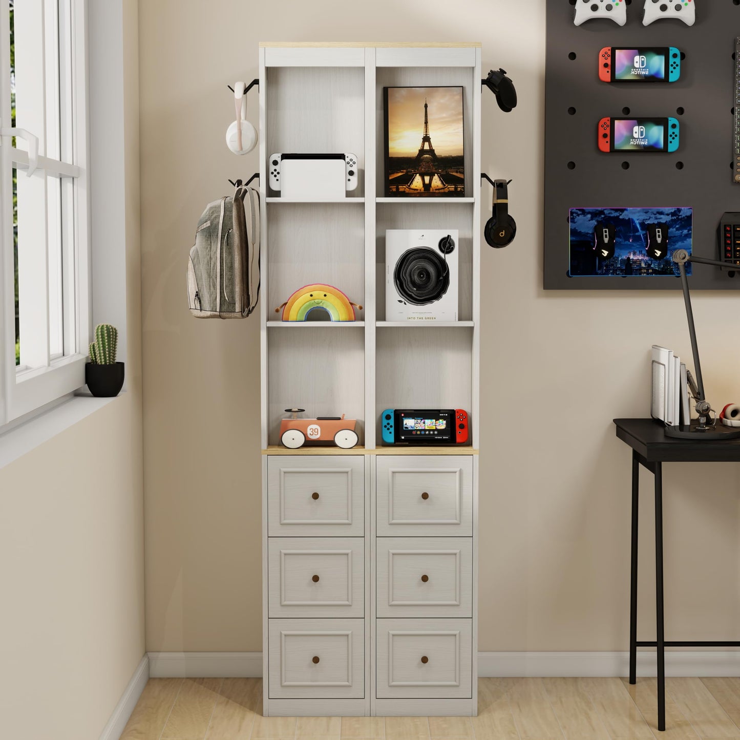 Havemies 73 Inch Media Storage Cabinet with Integrated Organization System, Antique White Slim Design Features 3 Drawers and Hooks for CD DVD and Game Console Display