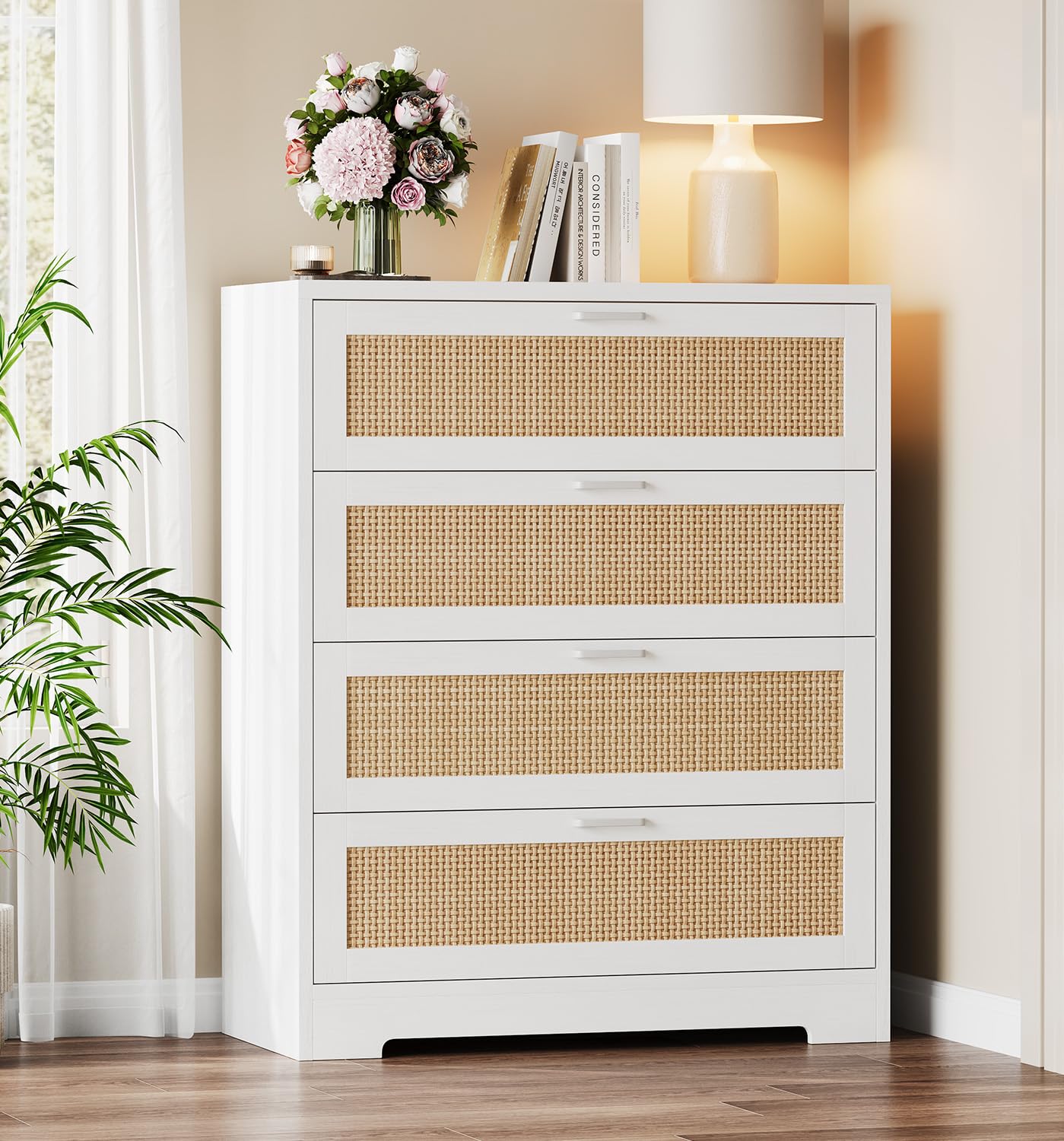 GarveeHome Rattan Dresser, Tall Chest of Drawers, Wood Dresser for Bedroom, Closet, Living Room, Hallway (White, 15.8" D x 31.5" W x 38.6" H (4 Rattan Drawers))