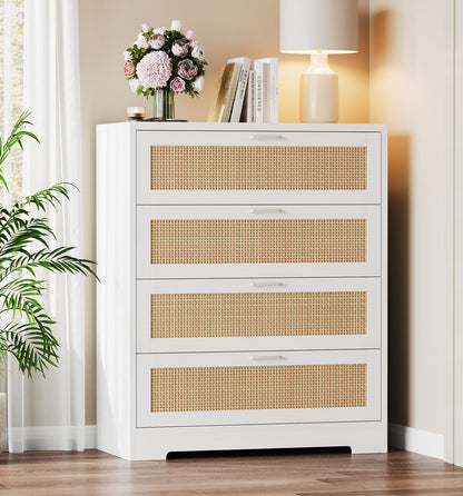 GarveeHome Rattan Dresser, Tall Chest of Drawers, Wood Dresser for Bedroom, Closet, Living Room, Hallway (White, 15.8" D x 31.5" W x 38.6" H (4 Rattan Drawers))