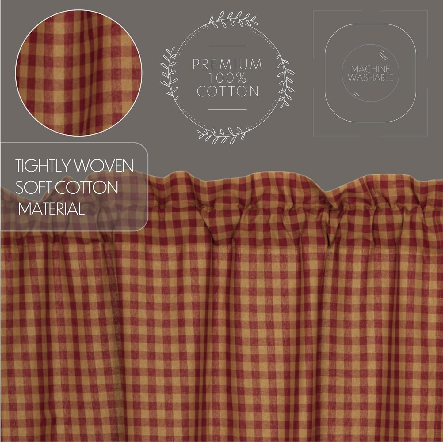 VHC Brands Burgundy Check Primitive Valance, 16"x72", Red Rod Pocket Cotton Kitchen Curtains