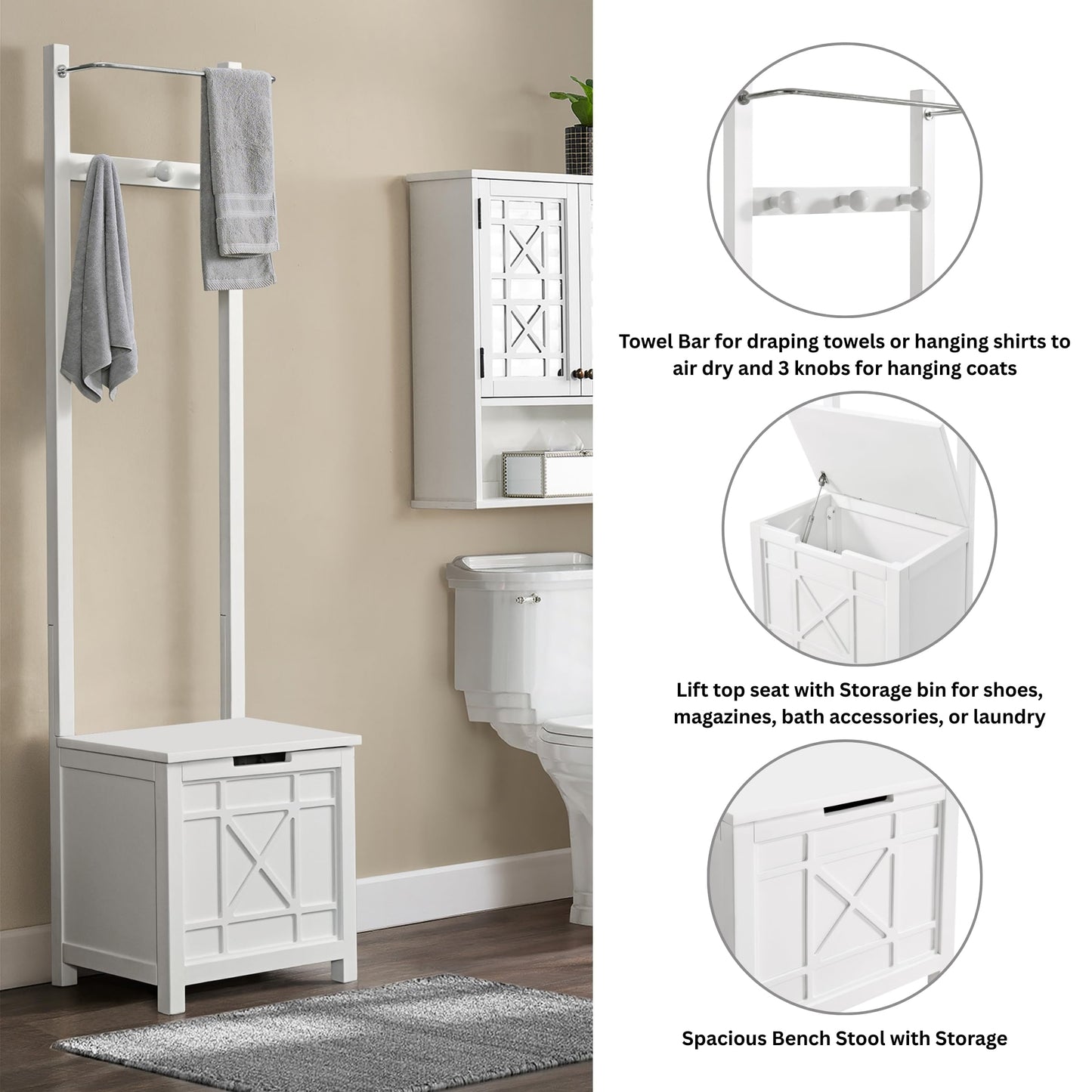 Derby Laundry Hamper with Seat & Towel Rack – Storage Stool for Entryway, Laundry Room, or Bathroom by Alaterre Furniture (White)