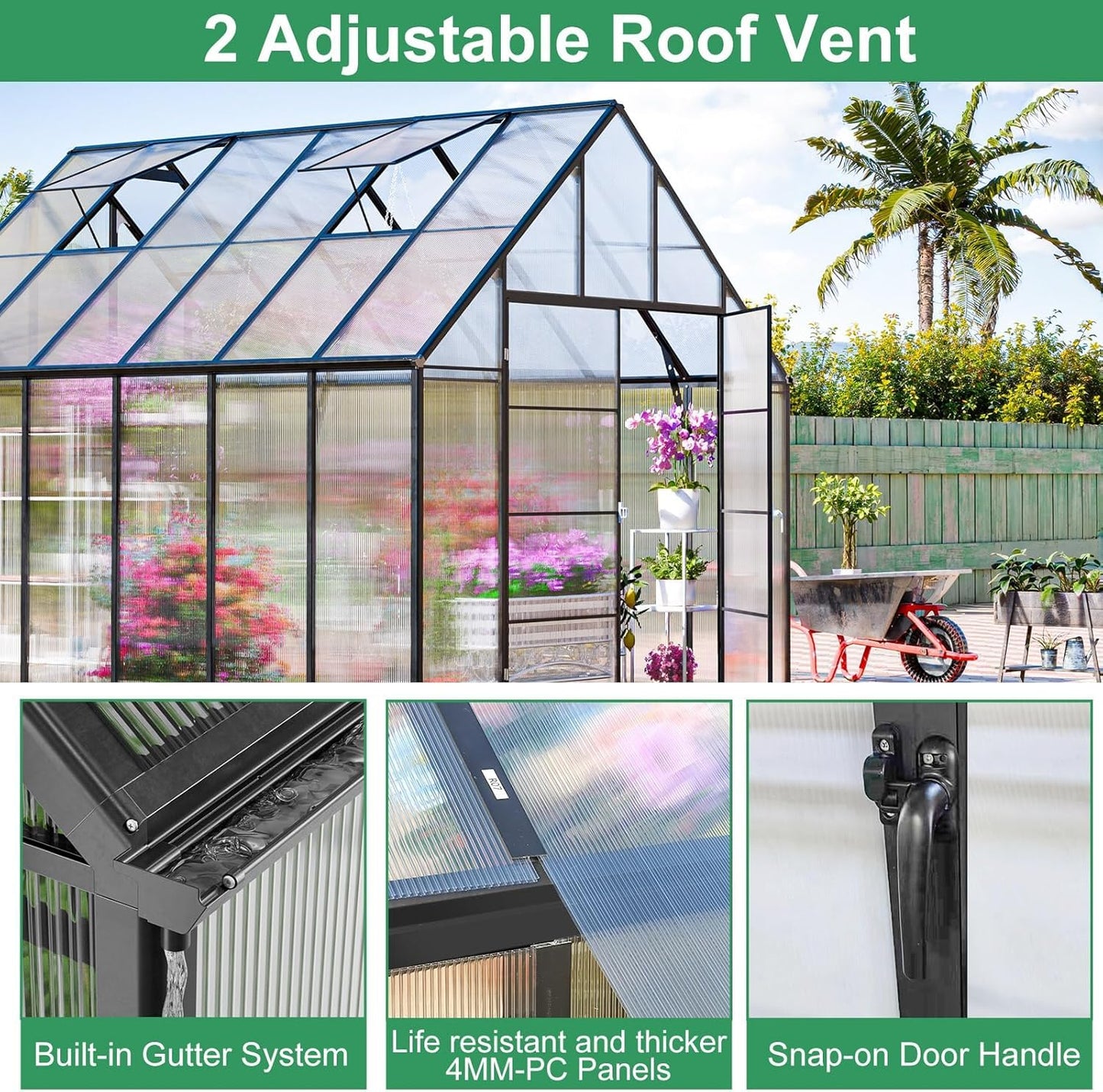 CDCASA 12.4x10.2x10 FT Greenhouse for Outdoors,Easy Assembly Large Polycarbonate Greenhouse Aluminum Heavy Duty Greenhouses w/2 Vents, Swing Door, Walk-in Green House for Patio, Backyard, Garden