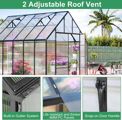CDCASA 12.4x10.2x10 FT Greenhouse for Outdoors,Easy Assembly Large Polycarbonate Greenhouse Aluminum Heavy Duty Greenhouses w/2 Vents, Swing Door, Walk-in Green House for Patio, Backyard, Garden