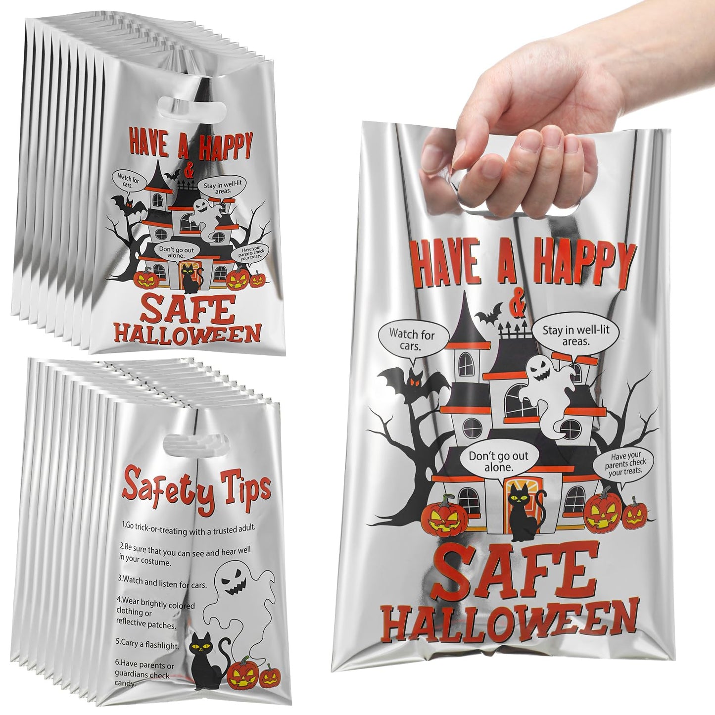Hosuly 100 Pcs Halloween Reflective Goodie Bags Bulk Have a Safe&happy Halloween Plastic Gift Bags Safety Tips Treat with Handles for Trick or Treat Theme Party Favors