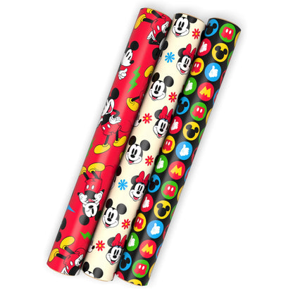 Hallmark Disney Mickey Mouse Wrapping Paper Mini Rolls, 3-Pack (Mickey, Minnie, Mouse Ears, Red and Black) for Birthdays, Graduations, Celebrations, Any Occasion - 45 Sq. Ft. Total