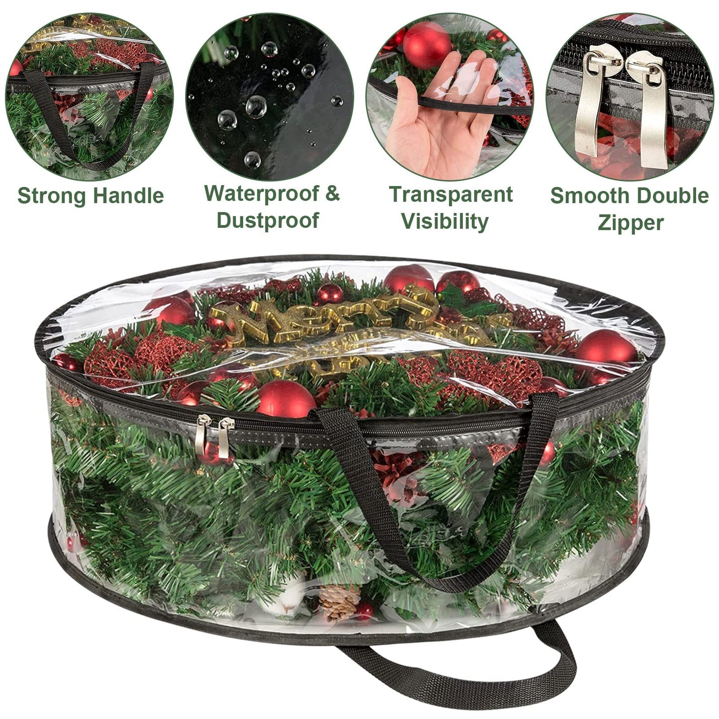 4 PCS Clear Wreath Storage Bag, 24x8 Inch Christmas Wreath Storage Container, Heavy Duty PVC Wreath Protector with Handle for Xmas Holiday Seasonal Wreath Garland (Black)