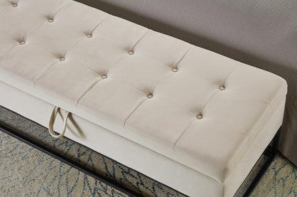 GDFStudio 59" Mid-Century Modern Bed Bench, Storage Ottoman Bench, Large Button Tufting Lift-Top Velvet Ottoman Foot Rest with Metal Base, Upholstered Oversized Pouf for Living Room Bedroom, Beige