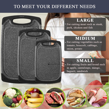 Viretang Plastic Cutting Boards Set of 3 Extra Large for Kitchen, Thick Chopping Board with Deep Juice Grooves, Non‑Slip Feet, Easy Grip Handle, BPA Free, Dishwasher Safe,Black