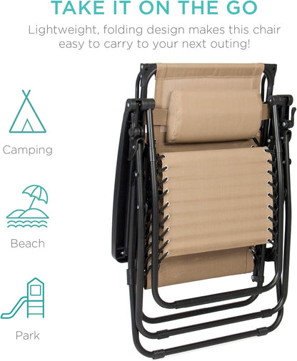 Best Choice Products Folding Zero Gravity Recliner Chair - Adjustable Canopy, Headrest & Side Tray - Beige