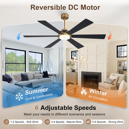 WINGBO 60 Inch Ceiling Fan with Light - 6 Plywood Blades, 6-Speed Reversible DC Motor, Noiseless Remote Control Ceiling Fans with Lights for Bedroom Living Room Kitchen, Gold and Walnut/Black