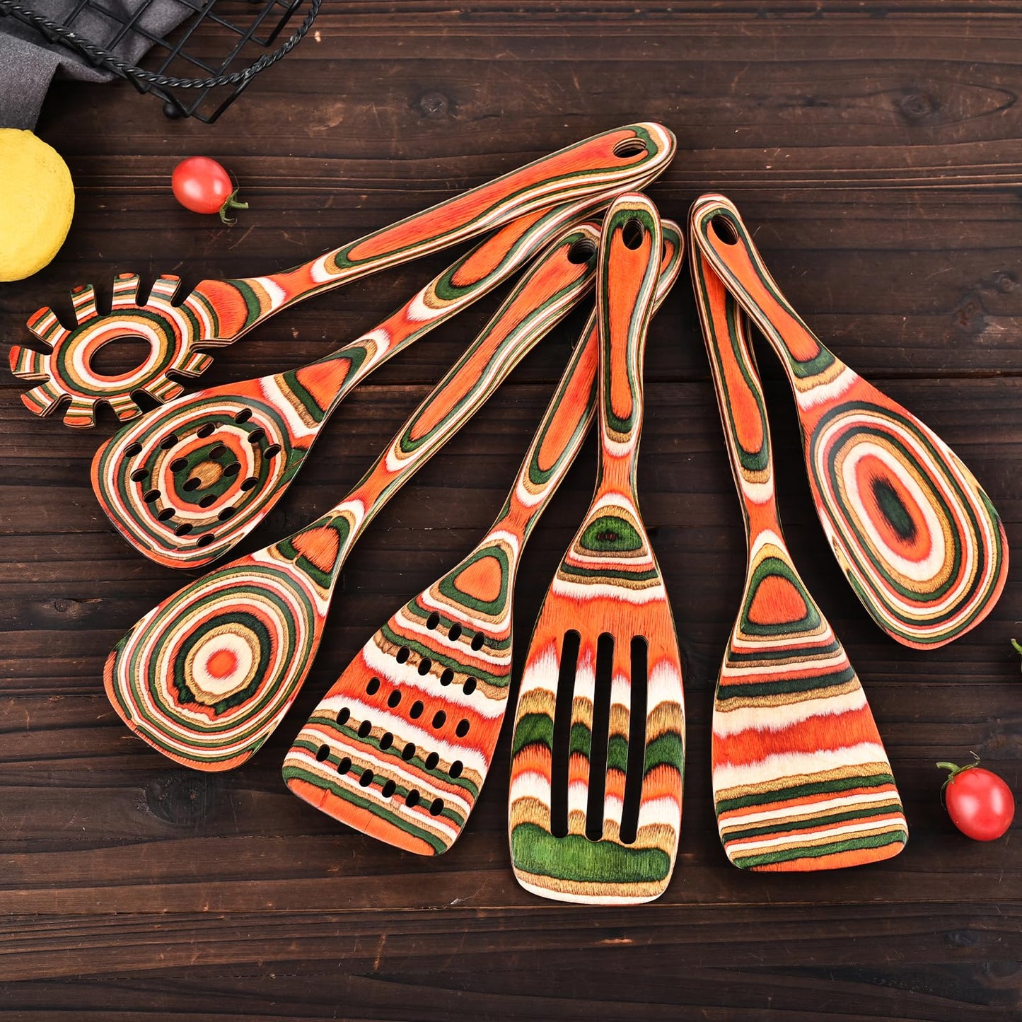 Gudamaye Pakkawood 7-Piece Red Wooden Cooking Utensils, Wooden Spoons for Cooking,Wooden Spoon Set, Wooden Kitchen Utensil set, Pakkawood kitchen Utensils for Serving, Bridal Shower Gifts