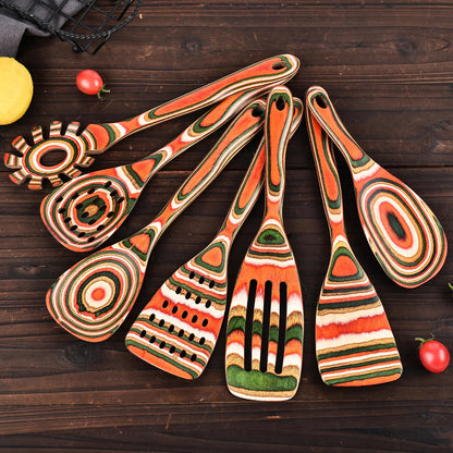 Gudamaye Pakkawood 7-Piece Red Wooden Cooking Utensils, Wooden Spoons for Cooking,Wooden Spoon Set, Wooden Kitchen Utensil set, Pakkawood kitchen Utensils for Serving, Bridal Shower Gifts