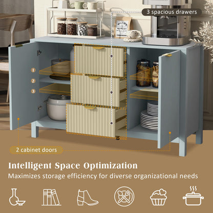 GDFStudio 47.2" Modern Buffet Cabinet with 3 Drawers & Adjustable Shelves, Wave Pattern Sideboard Cabinet with Doors, Coffee Bar Cabinet Credenza Storage Cabinet for Dining Room Living Room, Cyan