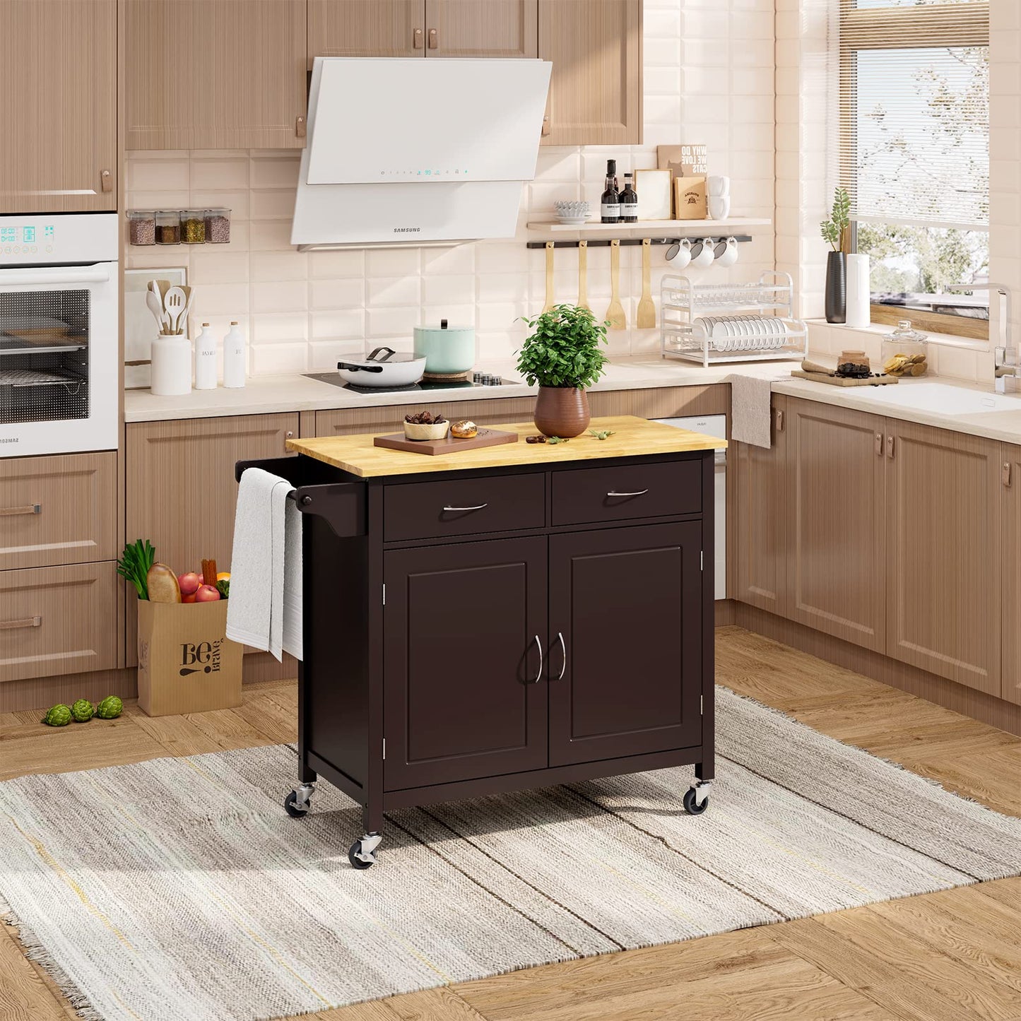 MEDIMALL Rolling Kitchen Island Cart, Utility Serving Cart with Drawers, Adjustable Shelf & Towel Rack, Mobile Island Table, Wooden Storage Trolley for Home, Restaurant & Bar, Rustic Brown