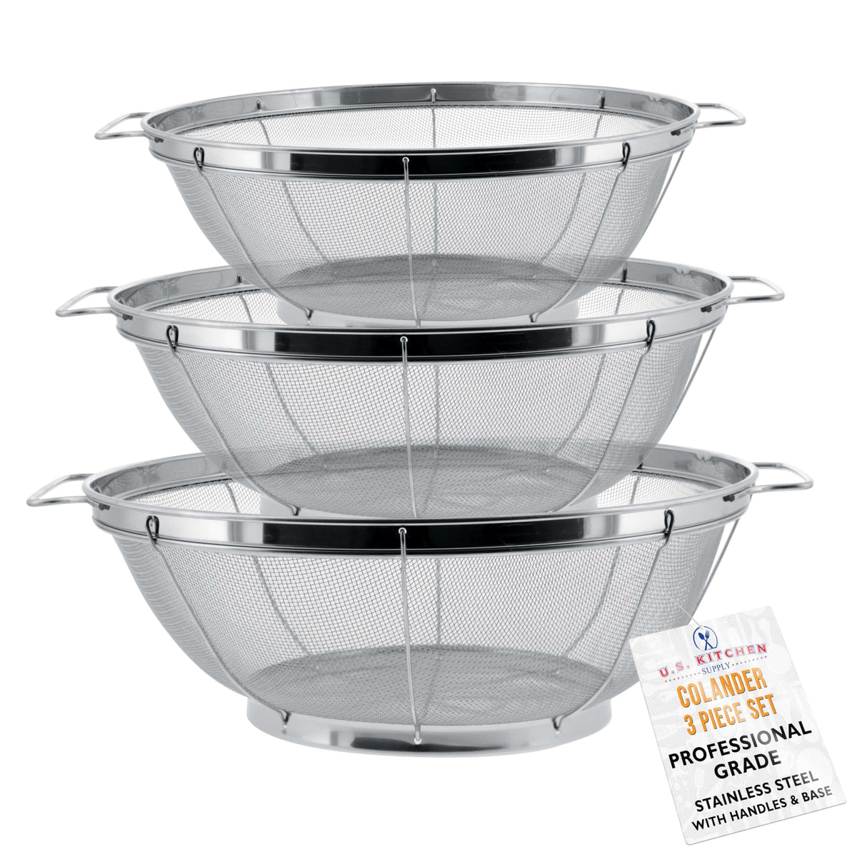 U.S. Kitchen Supply Set of 3 Stainless Steel Colander Strainers Net Baskets 5, 4, & 3-Quart - Colander with Handles & Resting Base - Stainless Steel Sieve, Mesh Strainers and Colanders for Kitchen