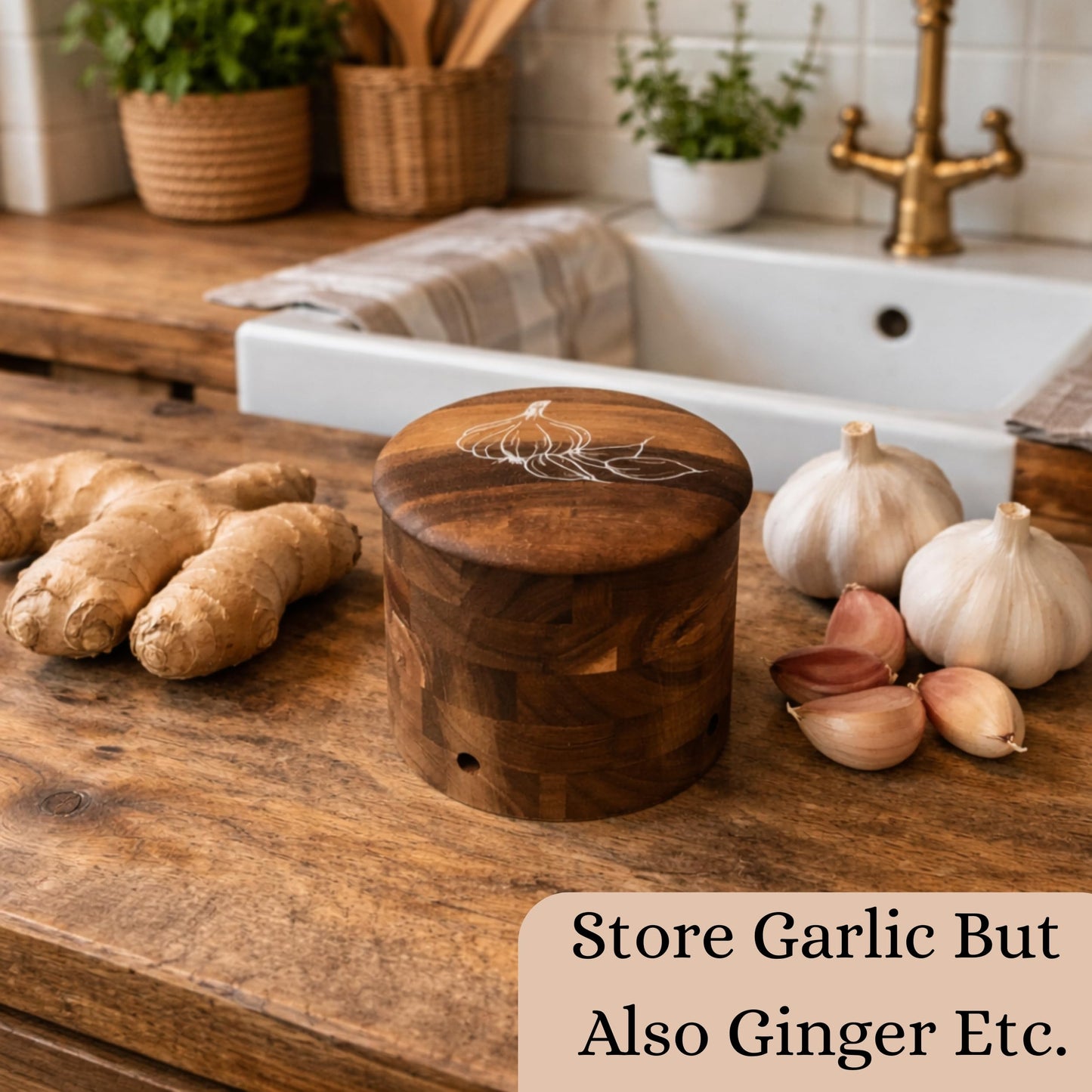 Jean Lemond Introducing The Always Fresh Acacia Garlic Keeper For Counter. A Crafted Small / Regular Garlic Storage Jar. A Rustic Garlic Holder Container Pot Saver With Lid. (Regular (Fits 3 Bulbs))