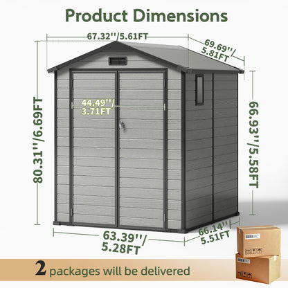 6x6 FT Plastic Outdoor Storage Shed with Transparent Roof, Easy Assembly Resin Shed with Floor Lockable Shed with Double Doors for Your Backyard Garden Patio Lawn