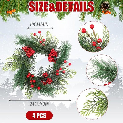 Knitgrip Mini Christmas Candle Rings - Red Berry Pinecone Wreaths for Holiday Table Centerpieces