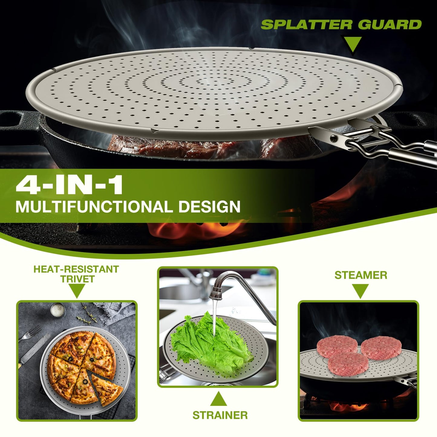 Silicone Splatter Screen for Frying Pan 13 Inch - Grease Splatter Guard with Foldable Handle, Dishwasher Safe & Never Rusts, Fits Most Pans for Stove Top & Bacon Cooking