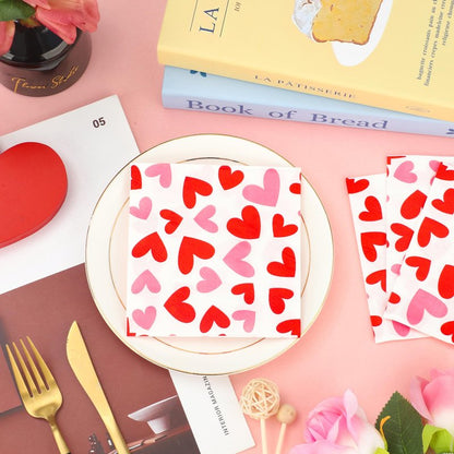 100 PCS Valentines Day Cocktail Napkins 5'' x 5'' Love Heart Disposable Paper Napkins 3 Ply Red Pink Heart Beverage Napkin for Valentines Wedding Anniversary Birthday Party Supplies Dinner Table Decor