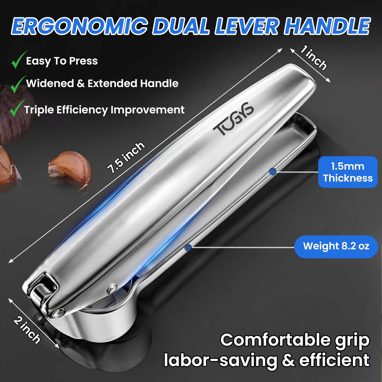 TOGYS Heavy Duty Stainless Steel Garlic Press - Professional Grade Garlic Mincer & Crusher with Ergonomic Soft Grip Handle, Dishwasher Safe, Rust-Proof - Easy to Clean Kitchen Gadget for Cooking