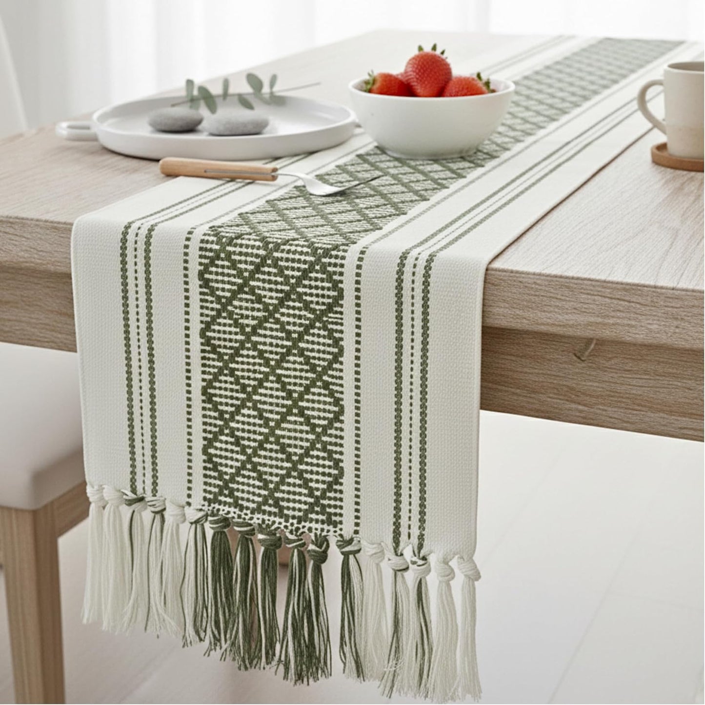 14 90 Inches, Boho Dining Table Runner with Tassels x Olive Green & Cream | Woven Washable Dresser Scarf for Bedroom |