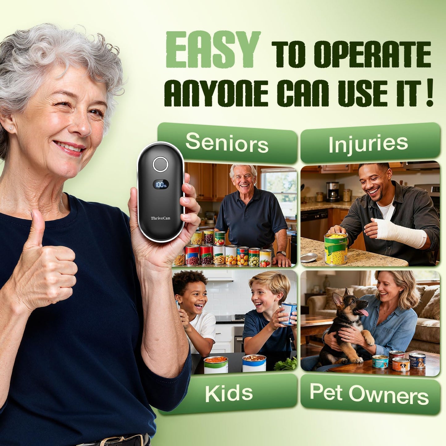 Rechargeable Electric Can Opener, Automatic One Touch Hands Free, Smooth Edge Safe Cut, Easy Open Kitchen Tool for Seniors, Arthritis & Weak Hands, Quiet Operation, LED Display (Black)