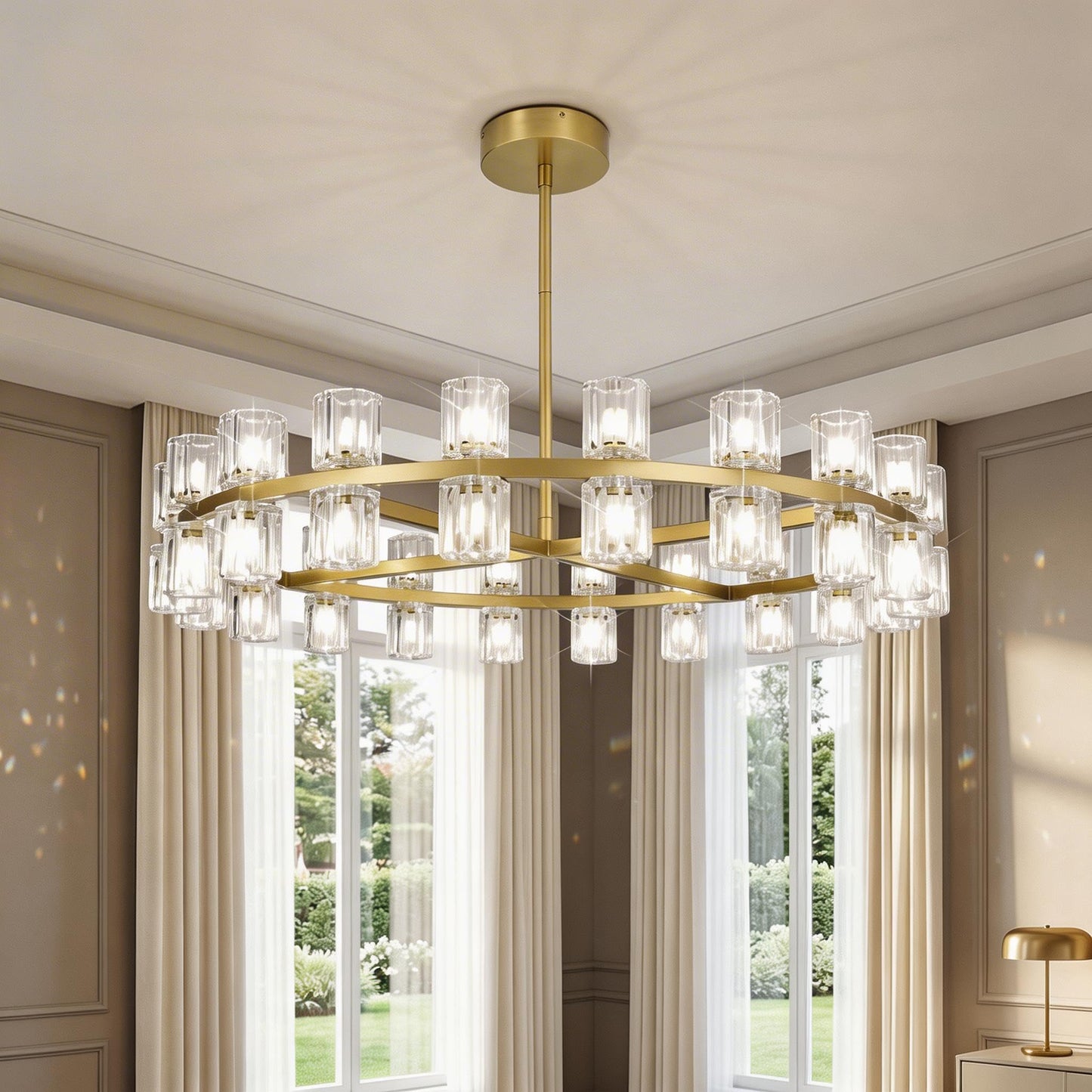 Leadtek 31.5 Inch Gold Wagon Wheel Chandelier, Modern Farmhouse Chandelier with K9 Crystal Chandelier Shade, for Dining Room Light Fixture, Kitchen Island, Entryway, Foyer