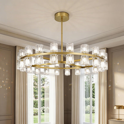 Leadtek 31.5 Inch Gold Wagon Wheel Chandelier, Modern Farmhouse Chandelier with K9 Crystal Chandelier Shade, for Dining Room Light Fixture, Kitchen Island, Entryway, Foyer