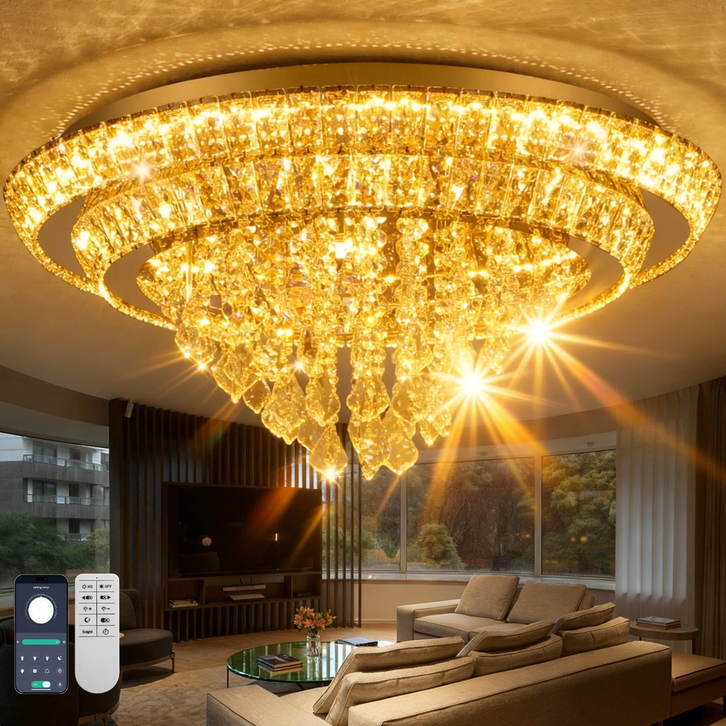 Kuailkag Crystal LED Ceiling Light 24" Modern Flush Mount Chandelier,K9 Crystal Raindrop,Elegant Lighting Fixture with Remote/APP,3CCT,Dimmable Living Room Chandeliers Lights-Golden