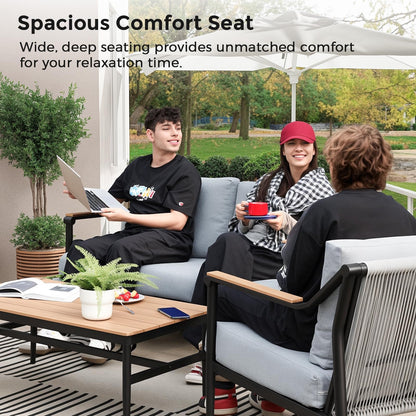 Jocoevol 4 Pieces Outdoor Sofa Conversation Set, 4 Seats Couch Set with Table, Metal Frame Rope Weaving Design UV Resistance Waterproof for Patio Garden Balcony, Grey