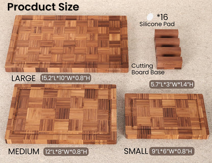 Fibogollo Bamboo Cutting Boards for Kitchen,Chopping Boards Set with Juice Groove,End Grain Bamboo Butcher Block,Serving Board with Holder(3 Pcs)