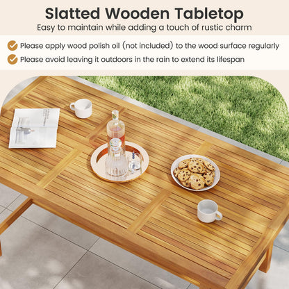 Tangkula 7 Piece Patio Dining Set for 6 People, 63” Outdoor Rectangular Acacia Wood Table with 1.97” Umbrella Hole & 6 Armchairs with Padded Seat Cushions, for Deck Yard and Poolside
