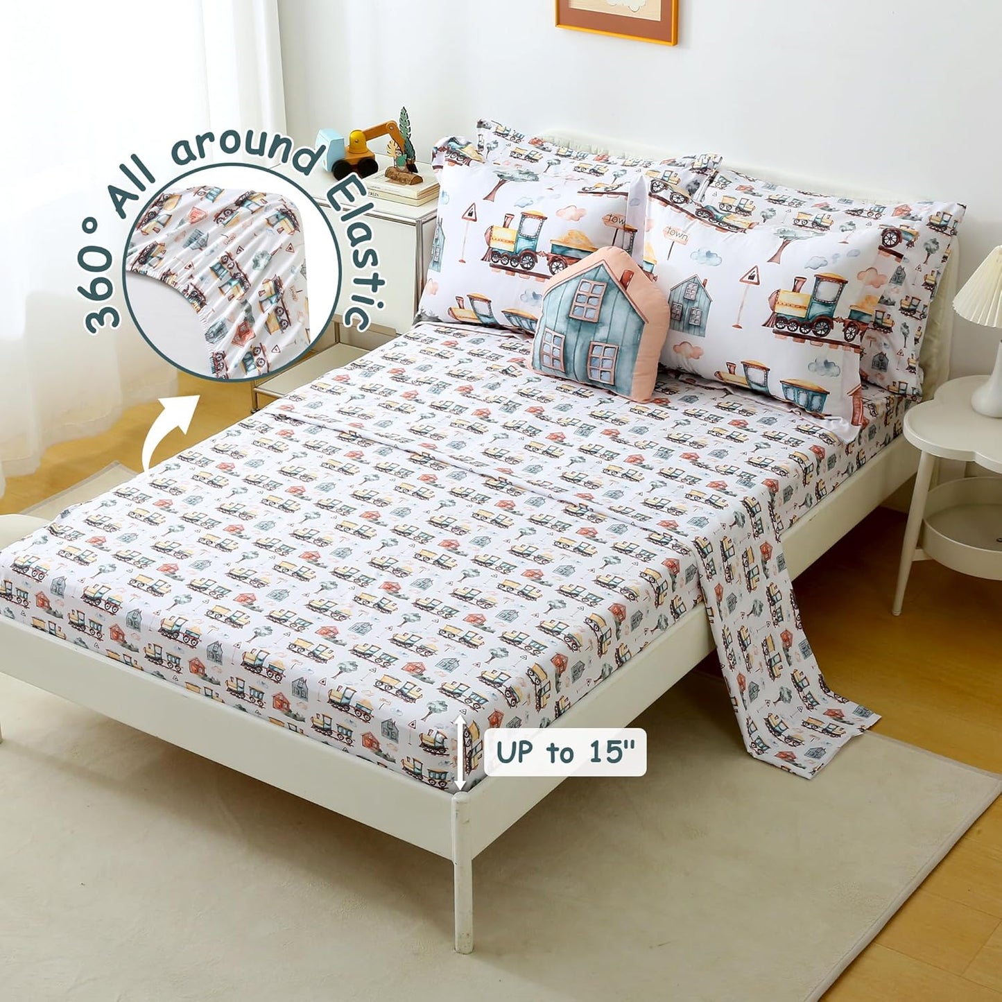 Sets 8 Set Country Set, Mooreeke Kids Full Comforter for Boys Pieces Train Bedding for Teens Microfiber Train Town Kids