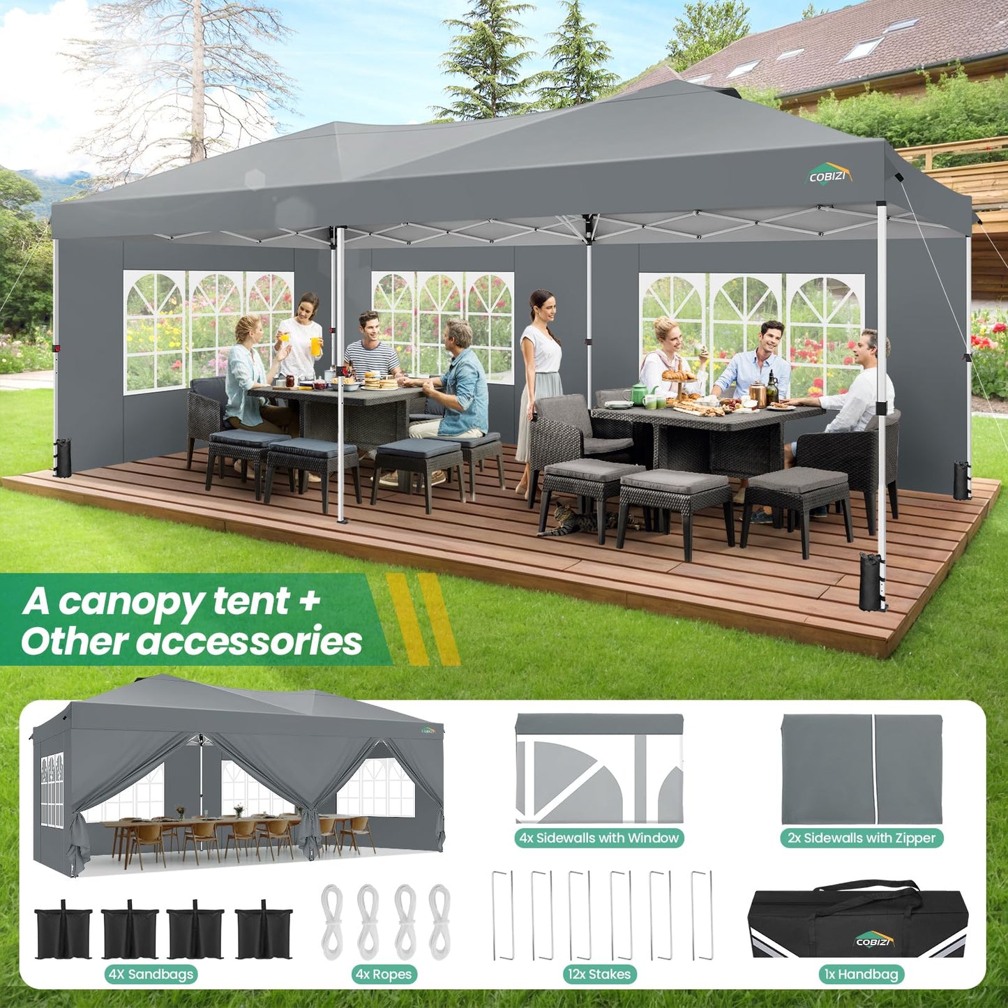 COBIZI Canopy 10x20 Pop Up Canopy Tent with 6 Sidewalls, One Push Party Tents for Parties Outdoor Wedding Waterproof Gazebo Commercial Event Tent with Sandbags, Grey