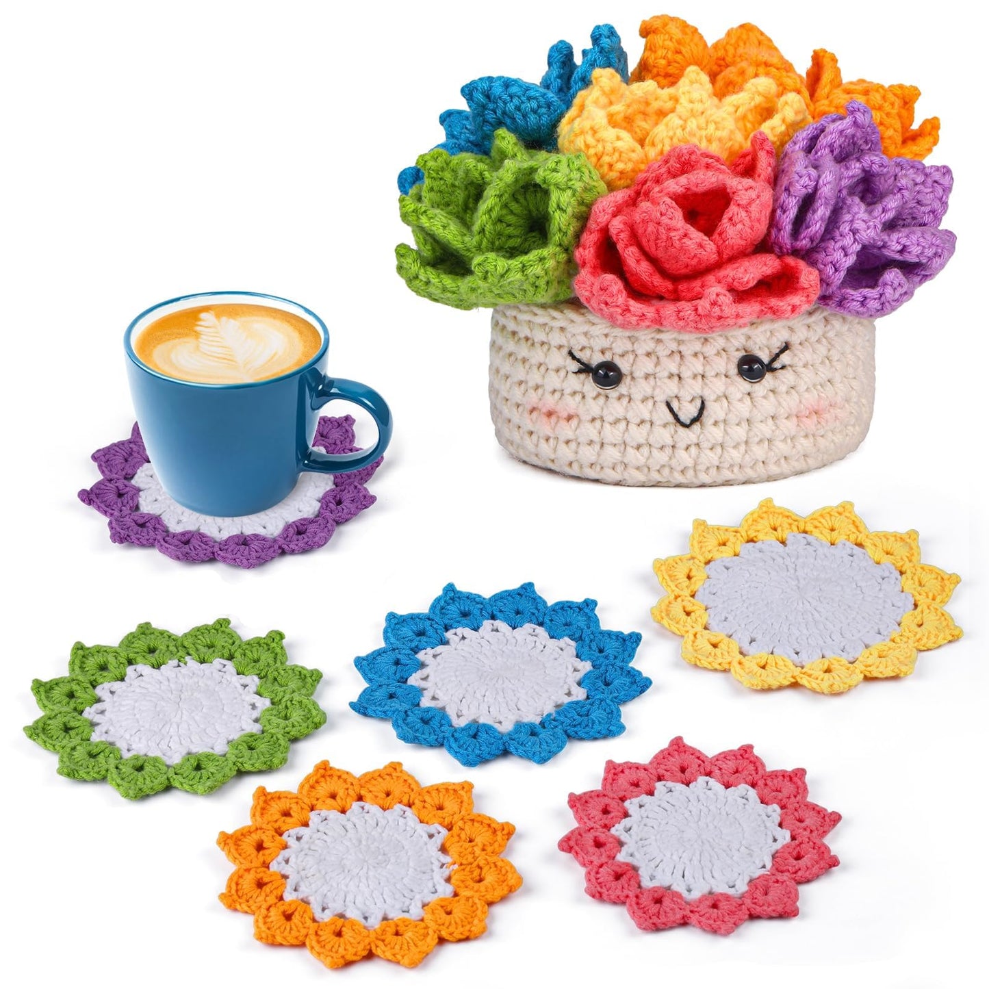 Hssugi Crochet Kit for Beginners, 6PCS Crochet Starter Kit, Potted Plant Coasters Crochet Kit with Step-by-Step Video Tutorials, Crochet Hooks, Learn to Crochet Kits for Adult Beginners